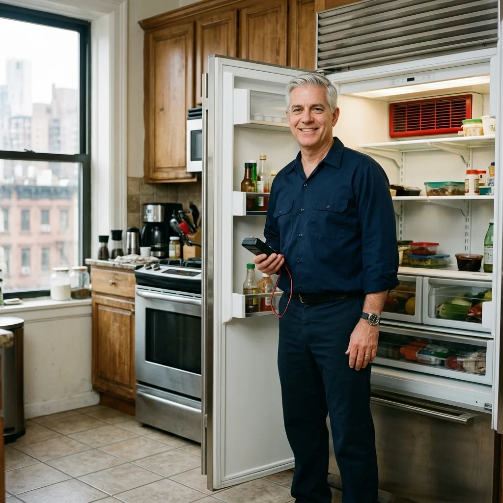 Sub Zero refrigerator repair technician working in a Manhattan kitchen